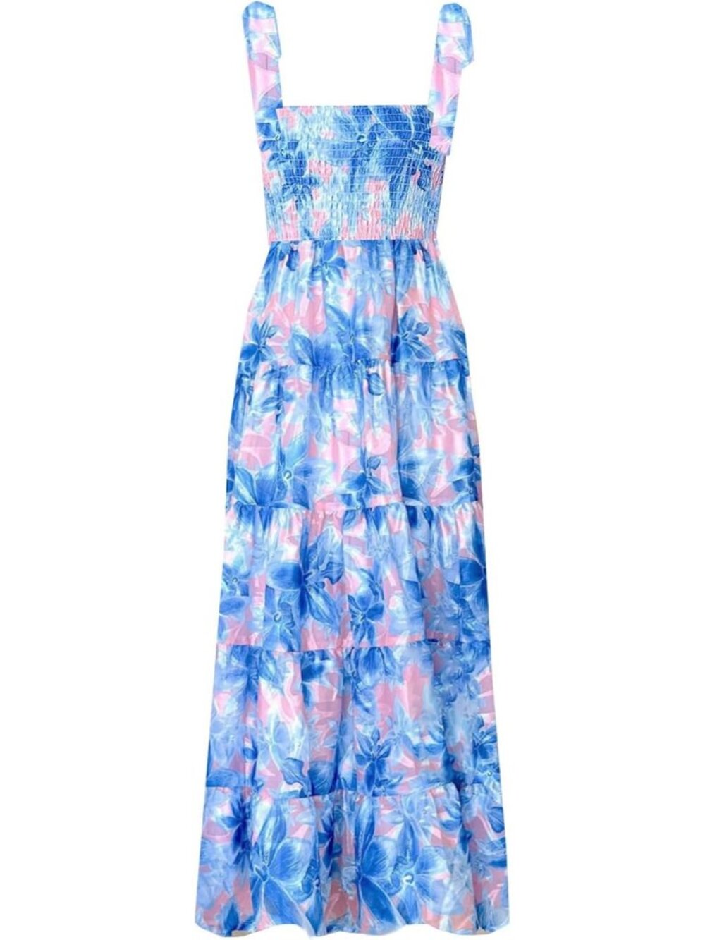 Women's Floral Blue 1 Sleeveless Square Neck Ruffle Flowy Imported Maxi Dress